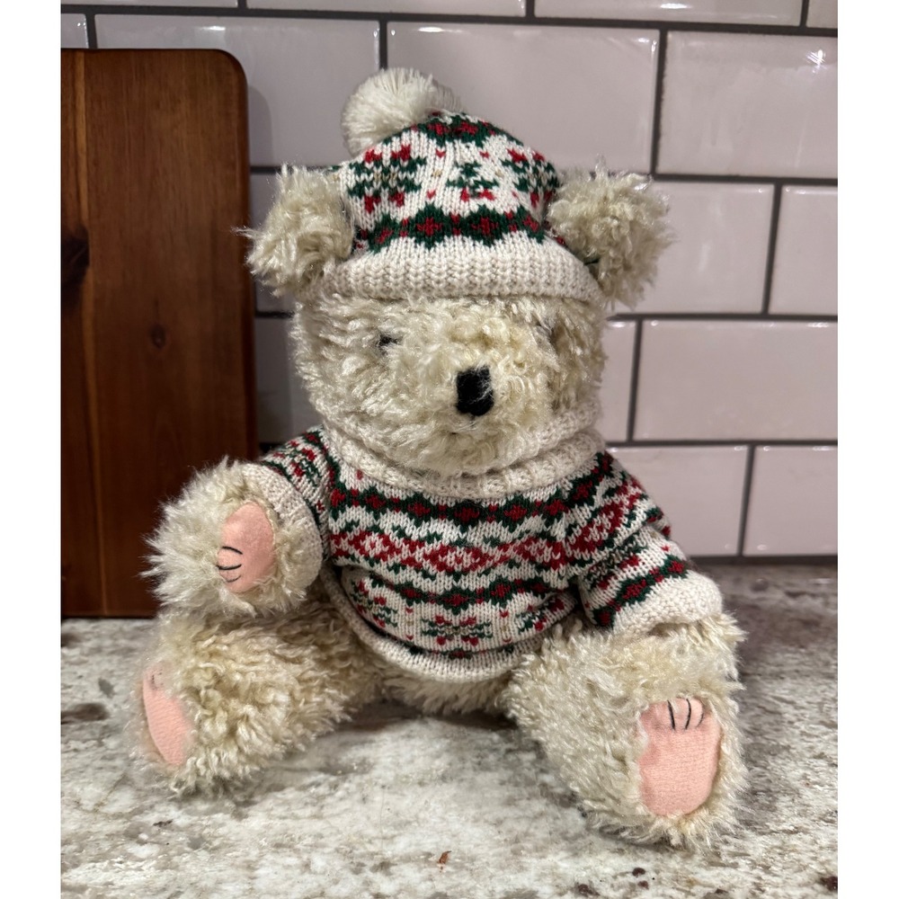 Vintage Style Shaggy Cream Teddy Bear Red Green Fair Isle Sweater Hat 12in